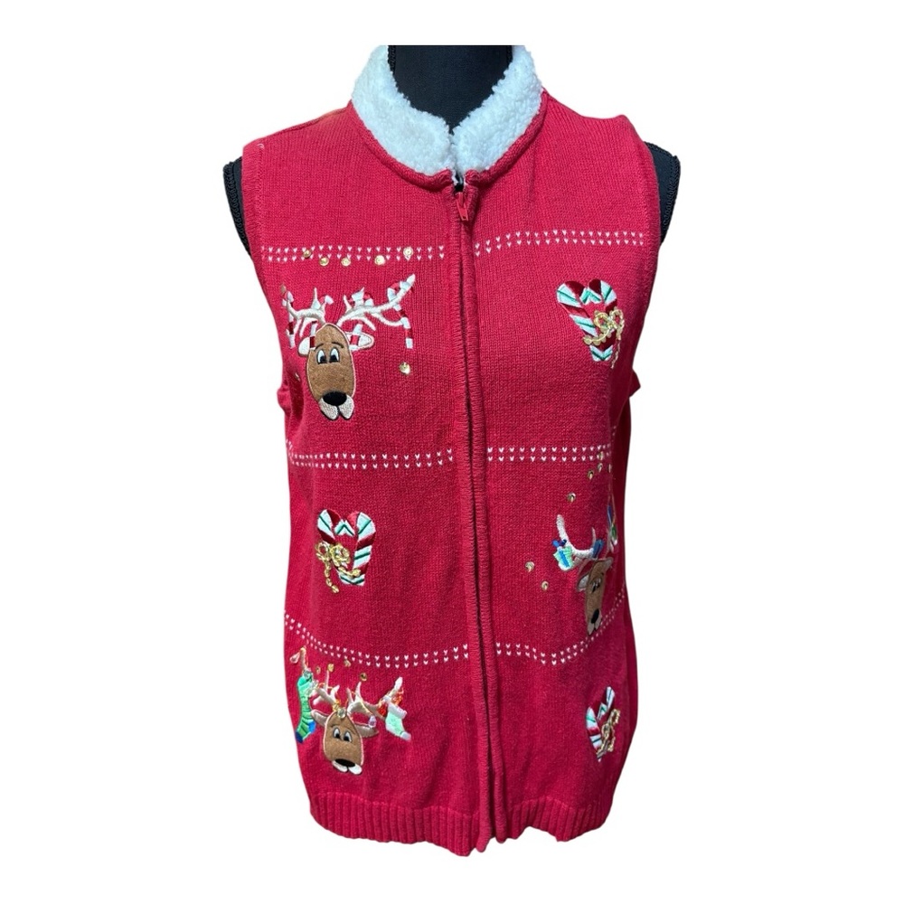 Classic Elements Christmas Vest with embroidered reindeer and a sherpa collar.